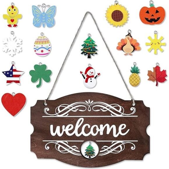 Welcome Door Sign Christmas Decor Fall Sign Seasonal Front Door Rustic Wood - Picture 8 of 8